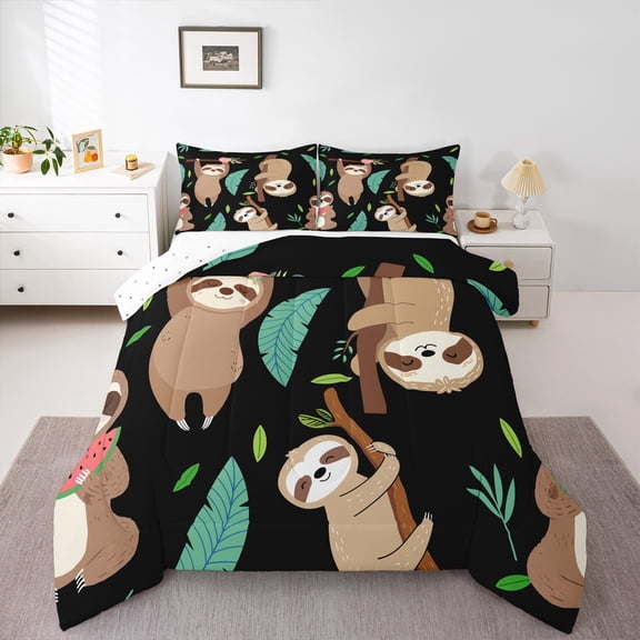 Manfei Funny Animal Lover Full Size Comforter Sets, Jungle Cartoon Slotn Bedding Comforter Set, Leaf Plant Botanical Reversible Bedding Sets, Lightweight Room Decor, 3-Piece