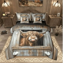 Manfei Funny Animal Twin Bedding Sets, Cute Highland Cow Bedding Comforter Set, Brown Gray Barn Door Sheet Sets, Breathable Farmhouse Home Decor Reversible 7 Pieces