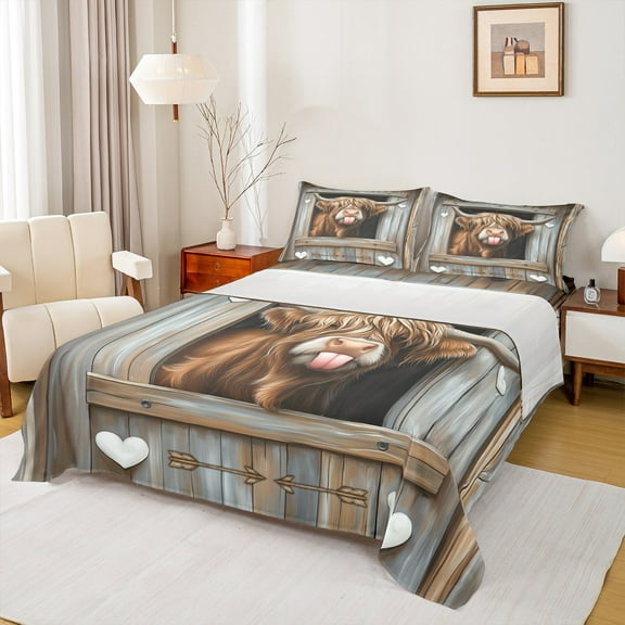 Manfei Funny Animal Twin Sheet Sets, Cute Highland Cow Twin Fitted Sheet, Brown Gray Barn Door Flat Sheet, Breathable Farmhouse Home Decor 3pcs