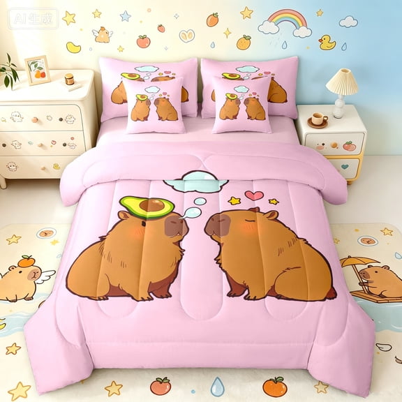 Manfei Funny Avocado Capybara Full Size Bedding Sets, Cartoon Animal Full Size Bed in a Bag, Pink Plum, Pink Reversible, 7 Pieces