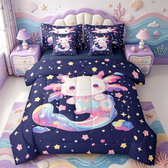 Manfei Funny Axolotl 7-Piece Twin Bedding,Kawaii Ocean Animal Bedding Comforter Set,Navy Blue Reversible