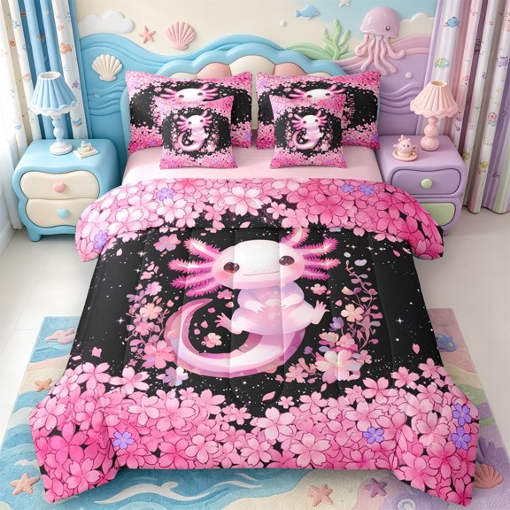 Manfei Funny Axolotl 7-Piece Twin Bedding,Watercolor Ocean Animal Bedding Comforter Set,Pink Reversible
