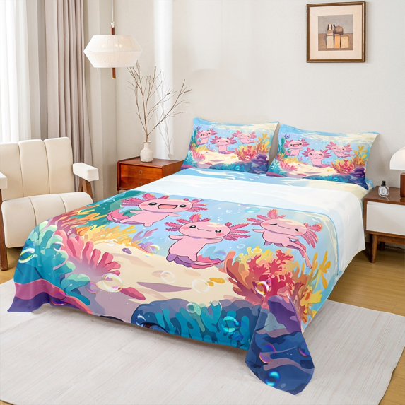 Manfei Funny Axolotl Bed Sheets Set King Size, Marine Ocean Animal Bed Sheets King, Underwater World Bedding King Size, Microfiber Bedroom Decorative, 4pcs