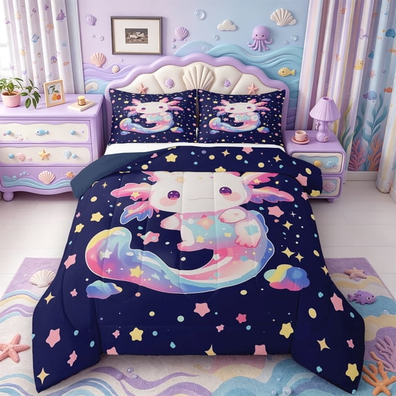 Manfei Funny Axolotl Full Size Comforter Sets,Kawaii Ocean Animal Bedding Comforter Set,Navy Blue Reversible,3-Piece,1 Comforter and 2 Pillowcases