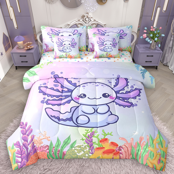 Manfei Funny Axolotl Twin Bedding Sets 7pcs, Ocean Animal Wildlife Bedding Comforter Set, Underwater Coral Sheet Sets, Breathable Home Decor