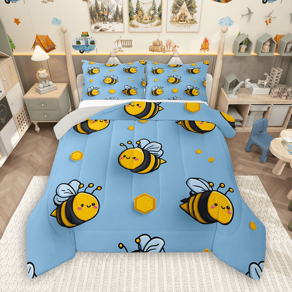 Manfei Funny Bee Bedding Comforter Set 2pcs for Kids Boys Girls, Kawaii Animal Twin Comforter Sets, Cute Wildlife Bedding Set, Microfiber Bedroom Decor