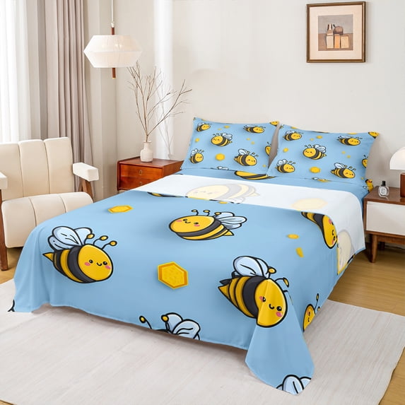 Manfei Funny Bee Full Size Sheets 4-Piece for Kids Boys Girls, Kawaii Animal Bed Sheets, Cute Wildlife Sheet Sets, Microfiber Bedroom Decor