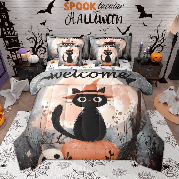 Manfei Funny Black Cat Bedding Comforter Set 7-Piece for Children, Halloween Theme King Bedding Sets, Pumpkin Moon Print Bed Sheets, Ultra Soft Home Decor
