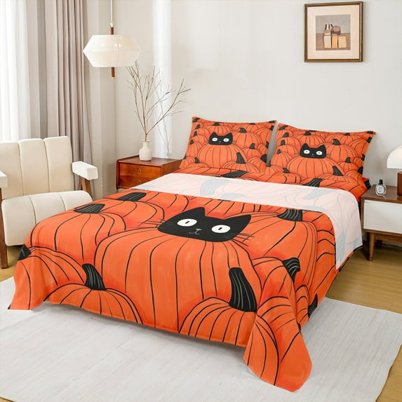 Manfei Funny Black Cat Queen Sheet Sets, Cartoon Pumpkin Flat Sheet, Happy Halloween Thanksgiving Day Queen Fitted Sheet, Luxury Bedroom Decor 4 Pieces
