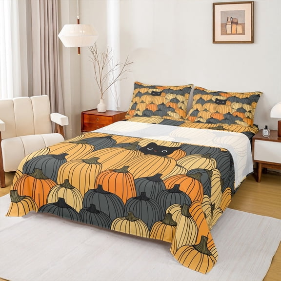 Manfei Funny Black Cat Queen Sheet Sets, Cartoon Pumpkin Flat Sheet, Happy Halloween Thanksgiving Day Queen Fitted Sheet, Ultra Soft Home Decor 4pcs