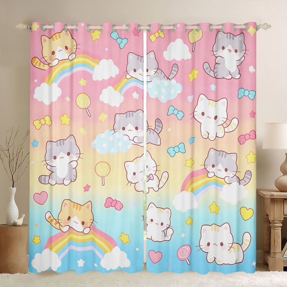 Manfei Funny Bow Kitten Blackout Curtains Set of 2 (52x84 Each), Kawaii Rainbow Sky Curtain, Pink Blue