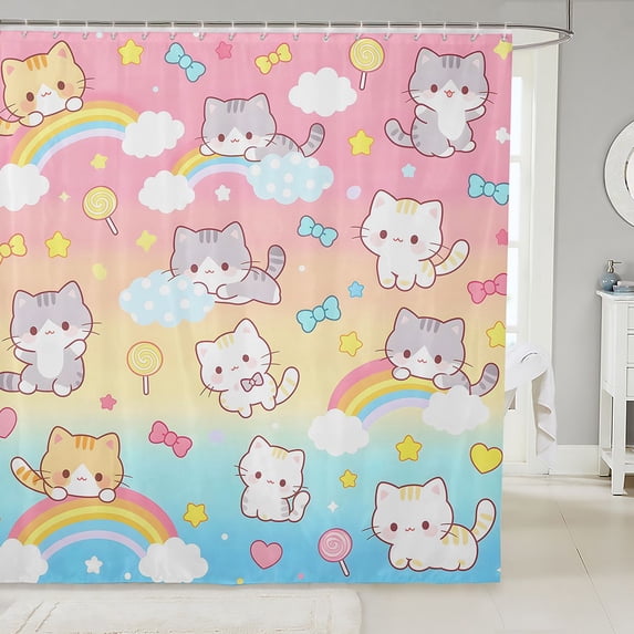 Manfei Funny Bow Kitten Shower Curtain 72Wx72L, Kawaii Rainbow Sky Bathroom Curtain, Pink Blue