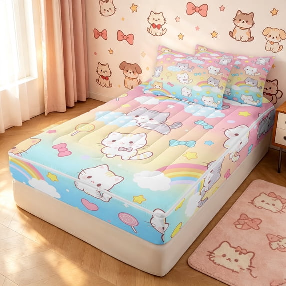 Manfei Funny Bow Kitten Zipper Queen Comforter Set with Fitted Sheet and 2 Pillowcases, Kawaii Rainbow Sky Zipper Bedding Set, Pink Blue, Pink Reversible, 4 Pieces