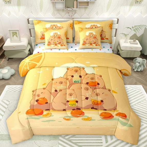 Manfei Funny Capibara Family Twin Bedding Sets 7-Piece, Summer Party Bedding Comforter Set, Teens Kids Boys Girls Reversible Sheet Sets, Luxury Bedroom Decor