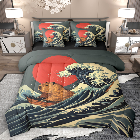 Manfei Funny Capybara Bedding Comforter Set 7 Pieces for Boys Girls, Japanese Ukiyoe Queen Bedding Sets, Vintage Ocean Wave Sun Print Queen Sheet Sets, Ultra Soft Home Decor