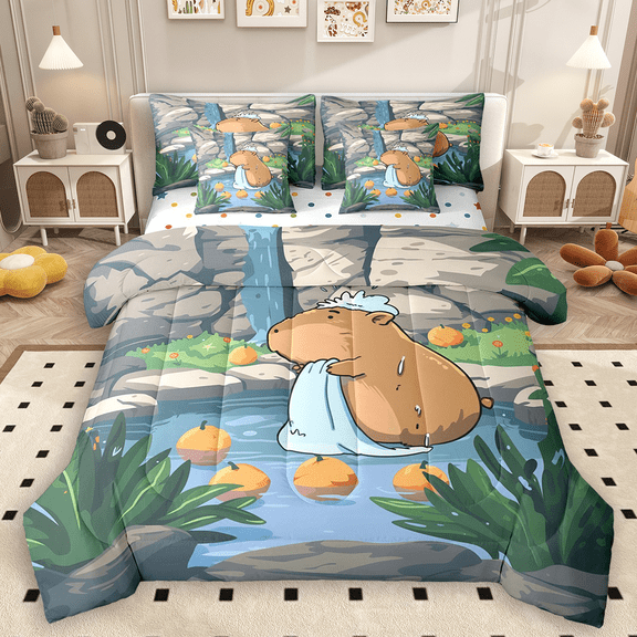 Manfei Funny Capybara Bedding Comforter Set 7 Pieces for Kids Children, Nature Lake Leaves Queen Bedding Sets, Animal Wildlife Queen Sheet Sets, Super Cozy Room Decor