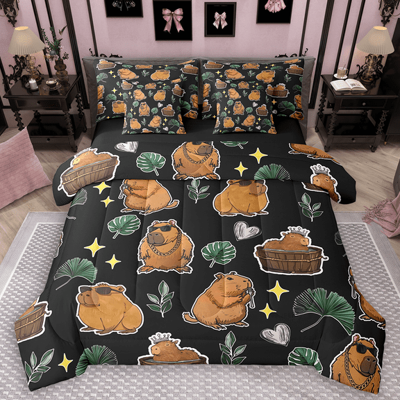Manfei Funny Capybara Bedding Comforter Set 7pcs, Cartoon Rodent Animal King Bedding Sets, Green Tree Leaves Stars Bed Sheets, Ultra Soft Home Decor