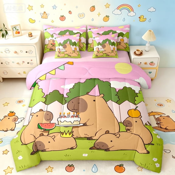 Manfei Funny Capybara Family Full Size Bedding Sets, Happy Birthday Party Full Size Bed in a Bag, Green Pink, Pink Reversible, 7 Pieces