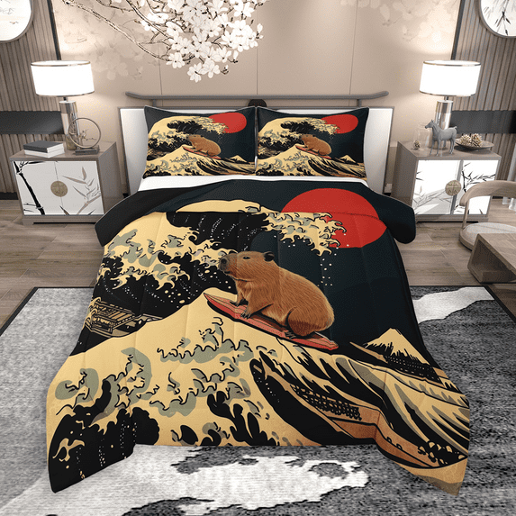 Manfei Funny Capybara Full Size Comforter Sets 3-Piece for Boys Girls, Japanese Ukiyoe Bedding Comforter Set, Vintage Ocean Wave Sun Print Bedding Sets, Super Cozy Room Decor