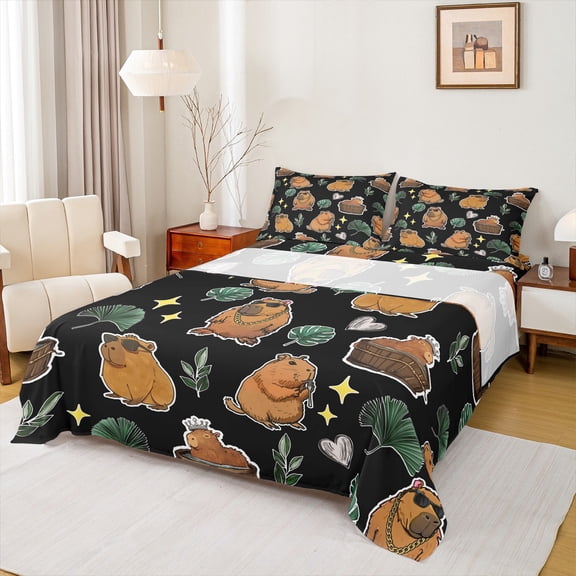 Manfei Funny Capybara Full Size Sheets 4-Piece, Cartoon Rodent Animal Bed Sheets, Green Tree Leaves Stars Sheet Sets, Ultra Soft Home Decor