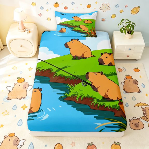 Manfei Funny Capybara Twin Fitted Sheet, Cute Animal Fishing Bedding, Blue Green, 2 Pieces, 1 Fitted Sheet and 1 Pillowcase