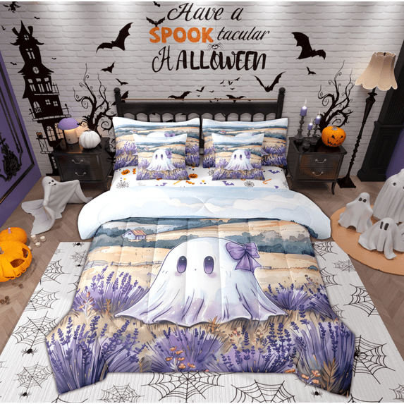 Manfei Funny Cartoon Ghost Bedding Comforter Set 7pcs for Kids, Western Rustic Cabin King Bedding Sets, Dreamy Purple Lavender Reversible Bed Sheets, Breathable Home Decor