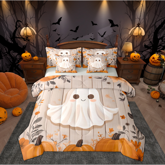 Manfei Funny Cartoon Ghost Bedding Comforter Set 7pcs, Old Barn Door Cabin King Bedding Sets, Teens Boys Girls Kids Reversible Bed Sheets, Breathable Home Decor