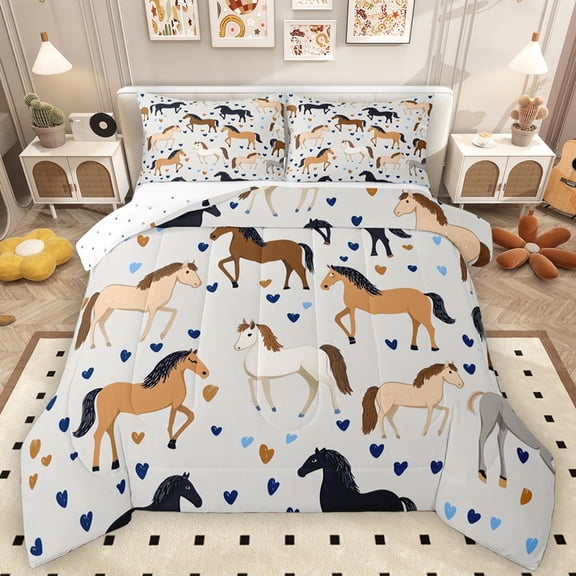 Manfei Funny Cartoon Horse Bedding Comforter Set, Rustic Farmhouse Animal Twin Comforter Sets, Graffiti Love Heart Reversible Bedding Set, Luxury Bedroom Decor, 2-Piece