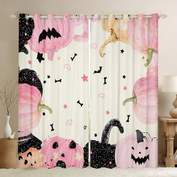 Manfei Funny Cartoon Pumpkin Curtains Pack of 2 (42x84 Each), Kawaii Pink Halloween Curtains Blackout, Cute Princess Style Bedroom Curtains, Black Out Curtains Home Decor