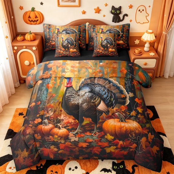 Manfei Funny Cartoon Turkey 7-Piece Twin Bedding,Thanksgiving Themed Bedding Comforter Set,Black Reversible