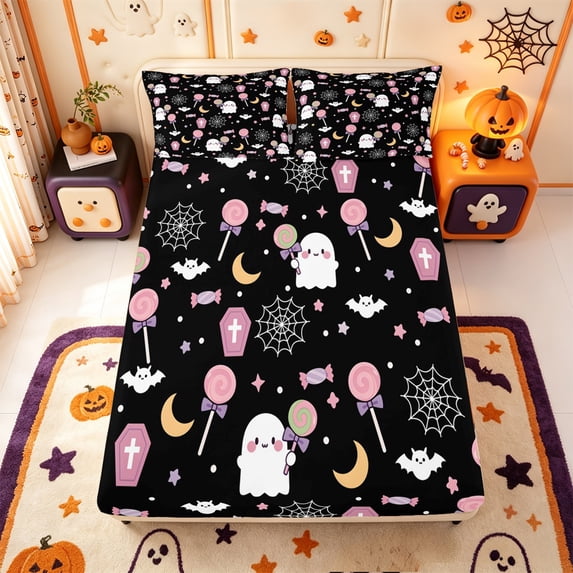 Manfei Funny Cartoon Turkey Fitted Sheet Full,Vintage Halloween Bed Set,3 Pieces,1 Fitted Sheet and 2 Pillowcases