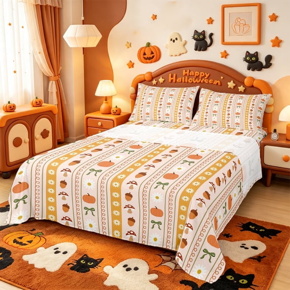 Manfei Funny Cartoon Turkey Queen Sheets,Happy Halloween Queen Sheet Sets,4-Piece,1 Flat Sheet,1 Fitted Sheet and 2 Pillowcases
