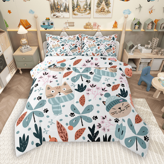 Manfei Funny Cat Bedding Comforter Set 2pcs for Kids Boys Girls, Botanical Floral Leaf Twin Comforter Sets, Kitten Flower Bedding Set, Lightweight Room Decor