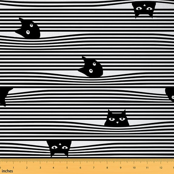 Manfei Funny Cat Fabric by the Yard (2 Yards) for Kids Boys Girls, Geometric Stripe Decorative Fabric by the Yard, Black White Lines Sewing & Crafting Fabric