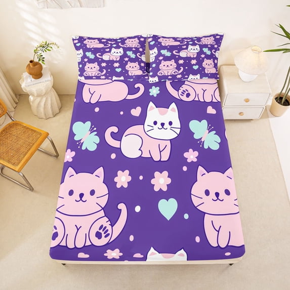 Manfei Funny Cat Fitted Sheet Full, Kawaii Flower Love Heart Bed Set, Purple Pink, 3-Piece, 1 Fitted Sheet and 2 Pillowcases