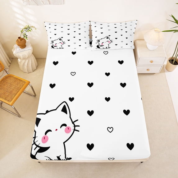 Manfei Funny Cat Fitted Sheet Full, Simple Love Heart Bed Set, White, 3pcs, 1 Fitted Sheet and 2 Pillowcases