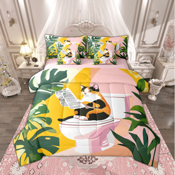 Manfei Funny Cat Reading Newspaper Bedding Comforter Set 7pcs, Green Palm Tree Leaves Full Bedding Set, Toilet Closestool Fitted Sheet Flat Sheet, Breathable Home Decor