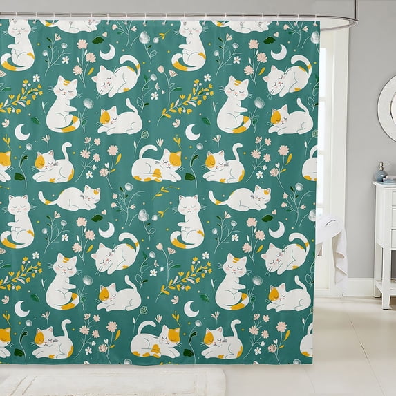 Manfei Funny Cat Shower Curtain 72Wx72L, Kawaii Pet Animal Bathroom Curtain, Teal Green