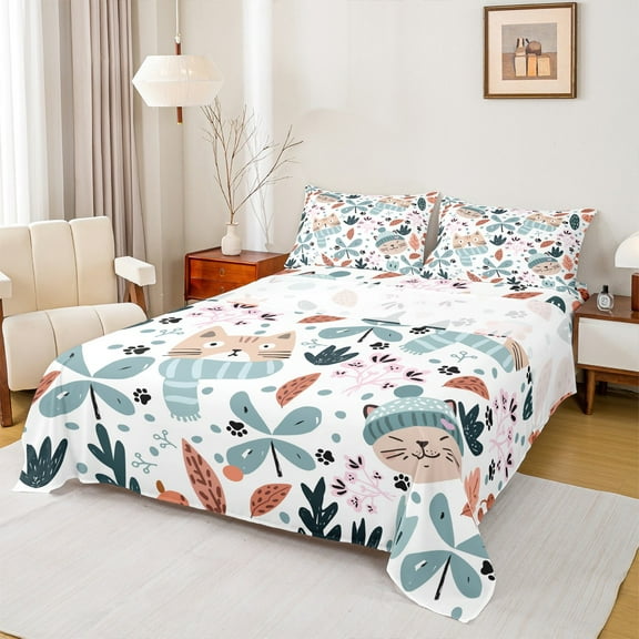 Manfei Funny Cat Twin Sheet Sets 3pcs for Kids Boys Girls, Botanical Floral Leaf Twin Fitted Sheet, Kitten Flower Flat Sheet, Lightweight Room Decor