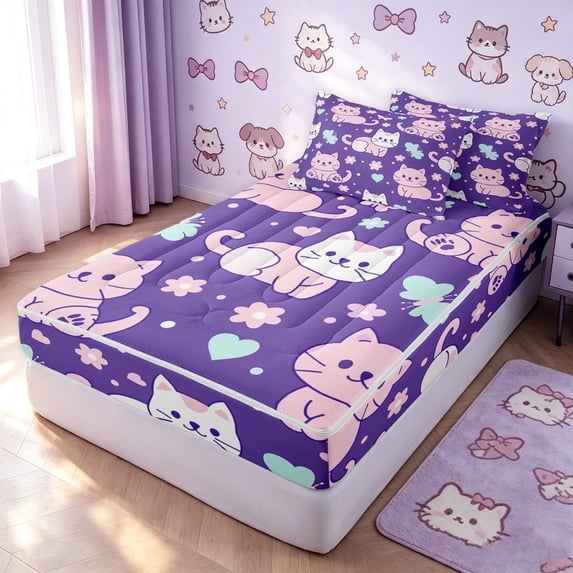 Manfei Funny Cat Zipper Twin Comforter Sets with Fitted Sheet and 2 Pillowcases, Kawaii Flower Love Heart Zipper Bedding Set, Purple Pink, Polkadot Reversible, 4-Piece
