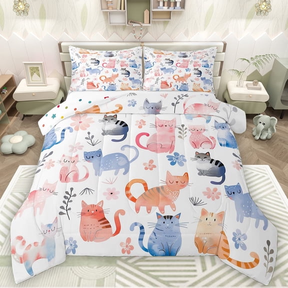 Manfei Funny Colorful Cat Queen Comforter Set for Kids, Kawaii Kitten Animal Bedding Sets, Cartoon Cherry Blossoms Reversible Bedding Comforter Set, Microfiber Bedroom Decor, 3 Pieces
