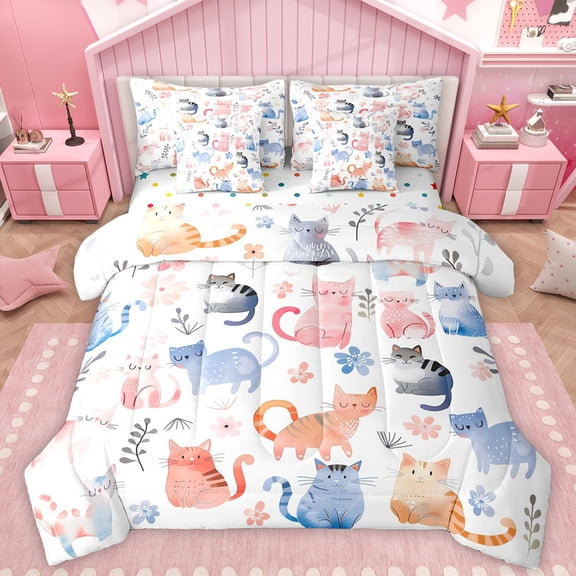 Manfei Funny Colorful Cat Twin Bedding Sets 7-Piece for Kids, Kawaii Kitten Animal Bedding Comforter Set, Cartoon Cherry Blossoms Reversible Sheet Sets, Microfiber Bedroom Decor