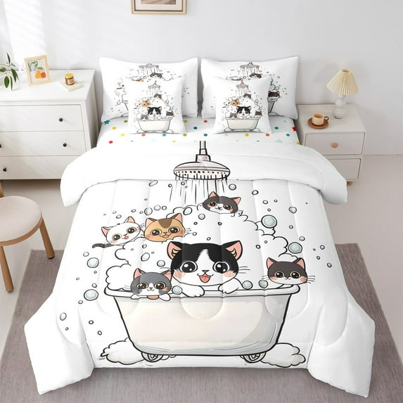Manfei Funny Cute Cat Bedding Comforter Set 7-Piece for Child, Kawaii Cartoon Kitten King Bedding Sets, Pet Animal Lover Reversible Bed Sheets, Lightweight Room Decor