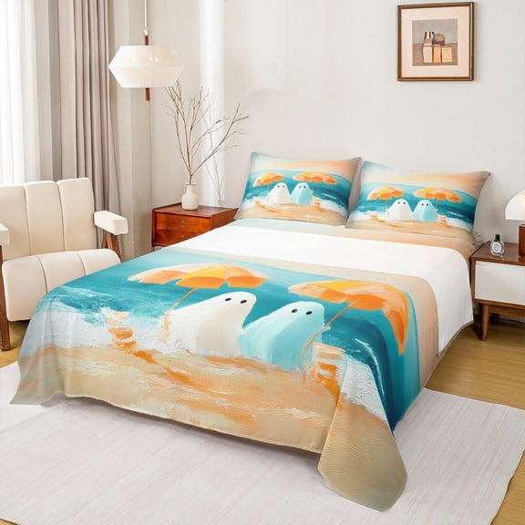 Manfei Funny Cute Ghost Bed Sheets for Kid, Teal Orange Artwork King Sheets, Marine Ocean Theme Sheet Set, Lightweight Room Decor, 4pcs