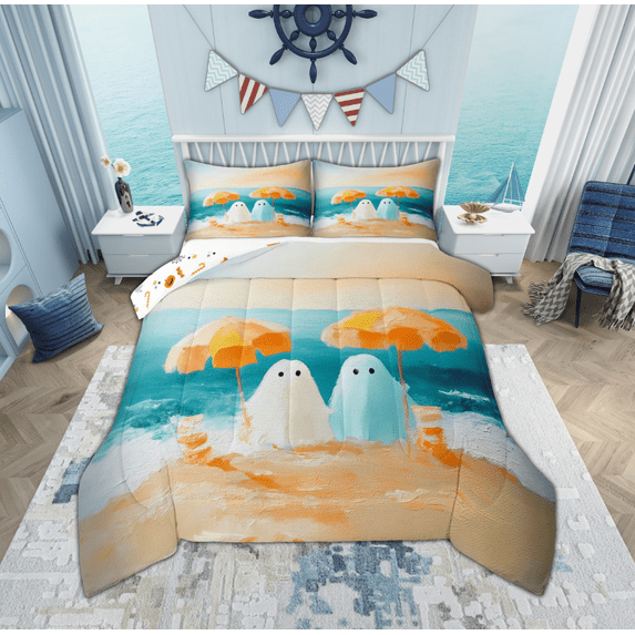 Manfei Funny Cute Ghost Queen Comforter Set for Kid, Teal Orange Artwork Bedding Sets, Marine Ocean Theme Reversible Bedding Comforter Set, Lightweight Room Decor, 3pcs