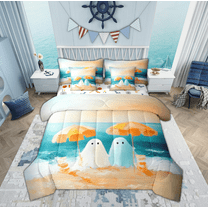 Manfei Funny Cute Ghost Twin Bedding Sets 7-Piece for Kid, Teal Orange Artwork Bedding Comforter Set, Marine Ocean Theme Reversible Sheet Sets, Lightweight Room Decor