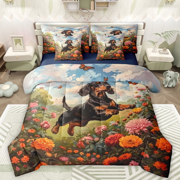 Manfei Funny Dachshund Animal Bedding Comforter Set 7pcs, Western Rustic Floral King Bedding Sets, Oli Printing Reversible Bed Sheets, Breathable Home Decor