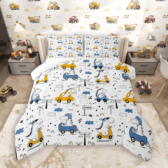 Manfei Funny Dinosaur Full Size Comforter Sets 3-Piece for Kids Boys Girls, Cartoon Car Bedding Comforter Set, Summer Beach Palm Tree Bedding Sets, Ultra Soft Home Decor
