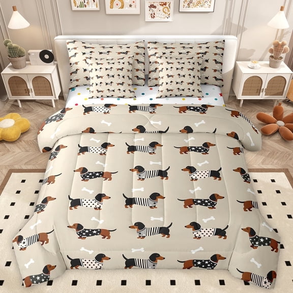 Manfei Funny Dog Dachshund Bedding Comforter Set 7pcs, Cute Dalmatian Animal King Bedding Sets, Teens Kids Boys Girls Reversible Bed Sheets, Microfiber Bedroom Decor