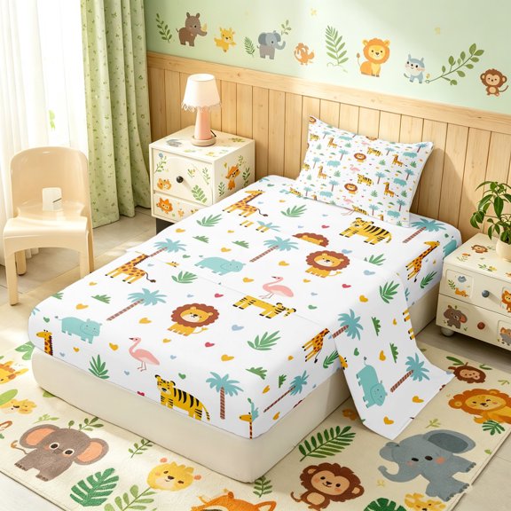 Manfei Funny Elephant Tiger Twin Sheets, Cartoon Coconut Tree Bedding, White, 3pcs, 1 Flat Sheet, 1 Fitted Sheet and 1 Pillowcase